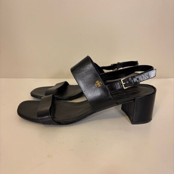 Tory Burch Shoes - Tory Burch Black Leather Low Block Heel Sandals Size 8.5